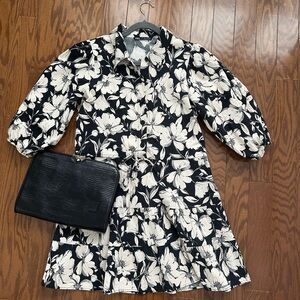 Zara Textured Cotton Collar Dress Black and Cream Floral